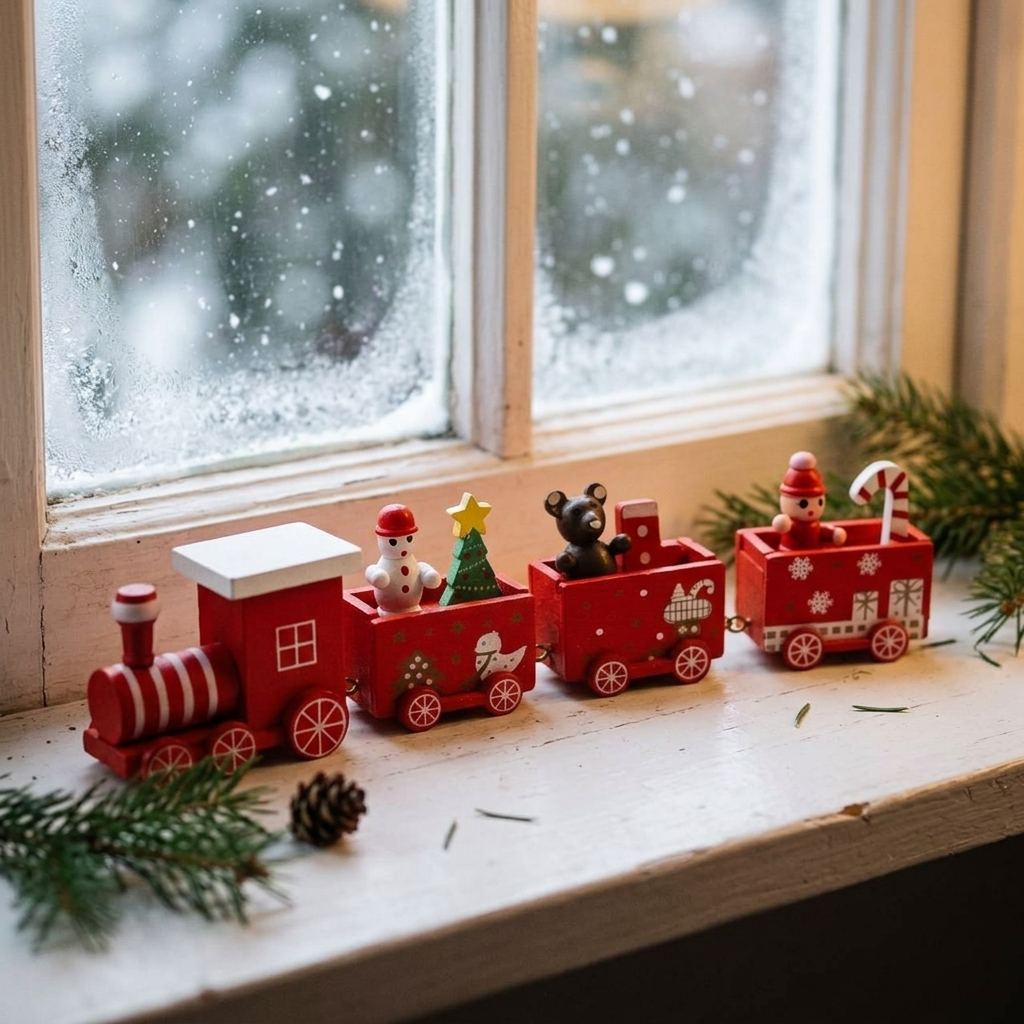 Wooden Christmas train on a snowy windowsill