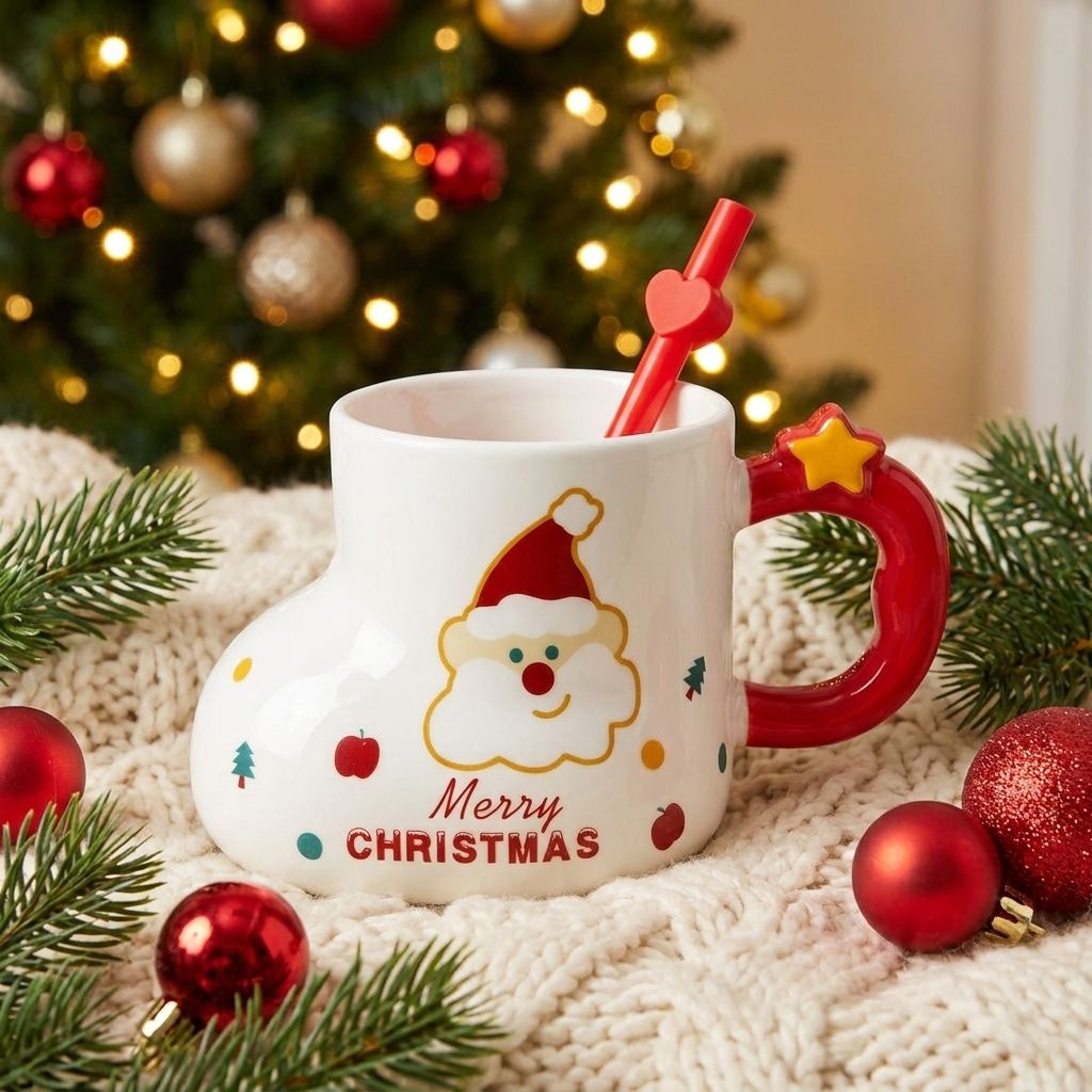 Christmas Boot Mug with Straw - White Santa