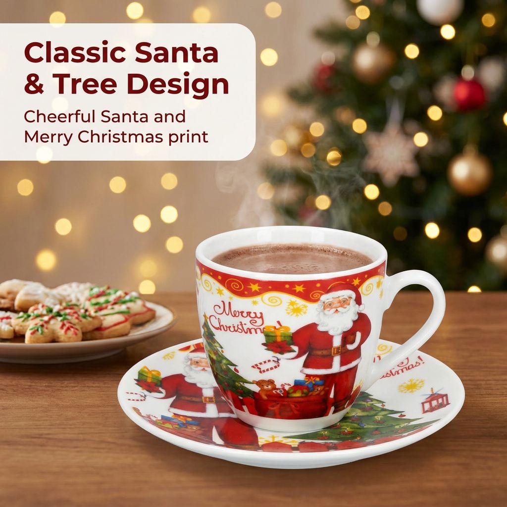 Christmas Mug Set with Saucers - Classic Santa and Tree Design