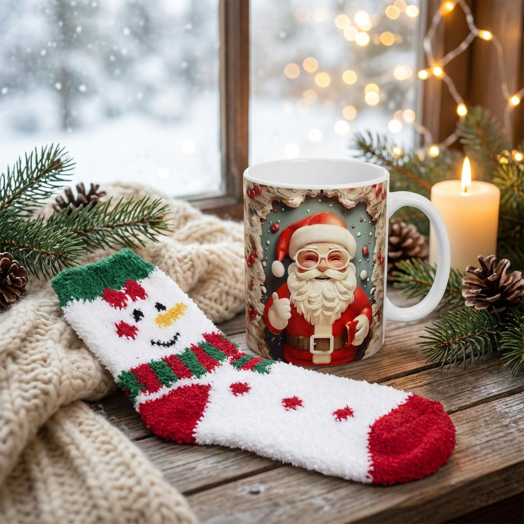Christmas Mug and Fuzzy Socks Gift Set - Santa with Glasses mug and snowman socks