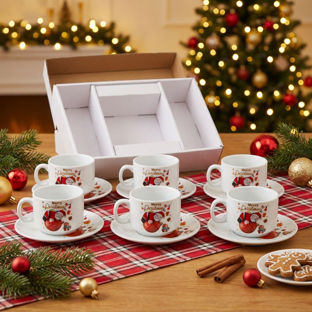 Santa Claus Cup and Saucer Set of 6 - Gift box and 6 cups on a Christmas table
