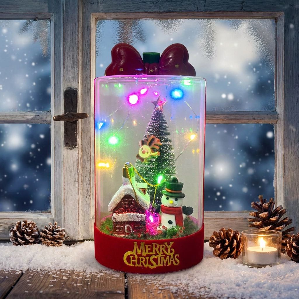 Light-Up Christmas Glass Jar Decoration - Snowy Village variant
