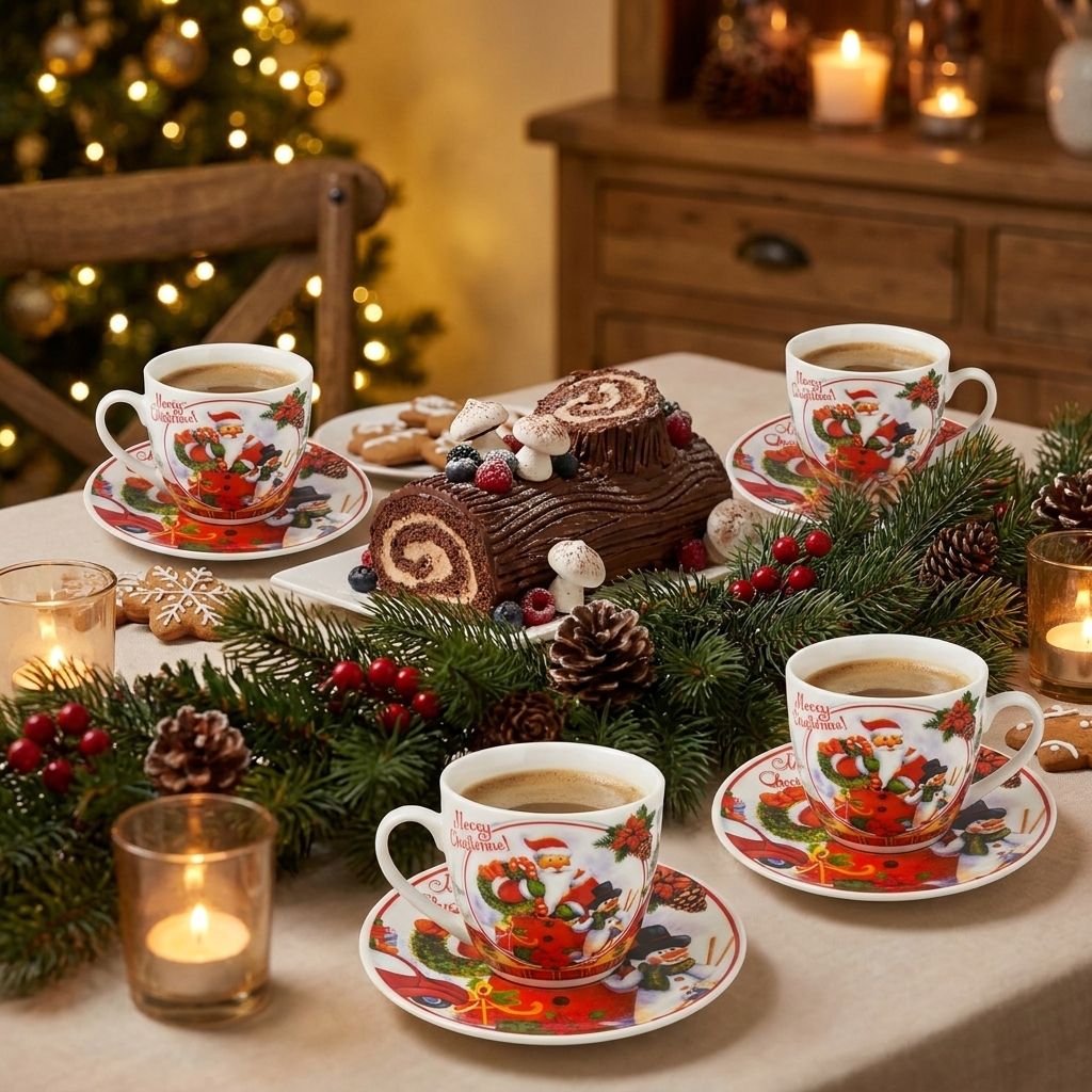 Christmas Mug Set with Saucers - Christmas dessert table
