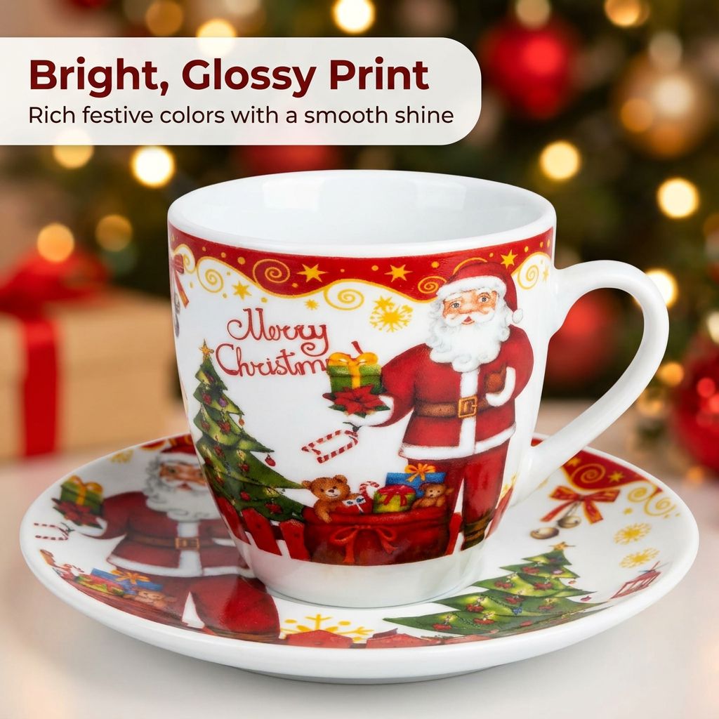 Christmas Mug Set with Saucers - Bright glossy print close-up