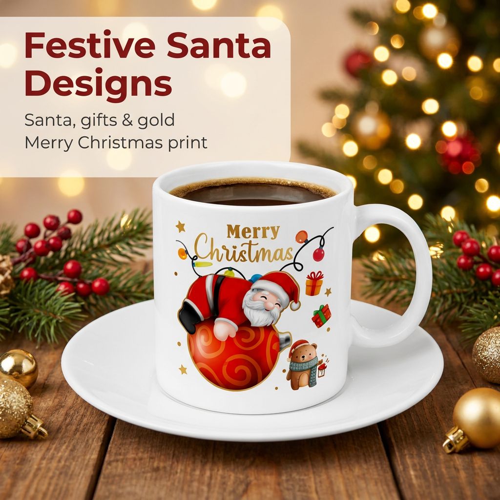 Santa Christmas Cup and Saucer Set of 6 - Festive Santa Designs