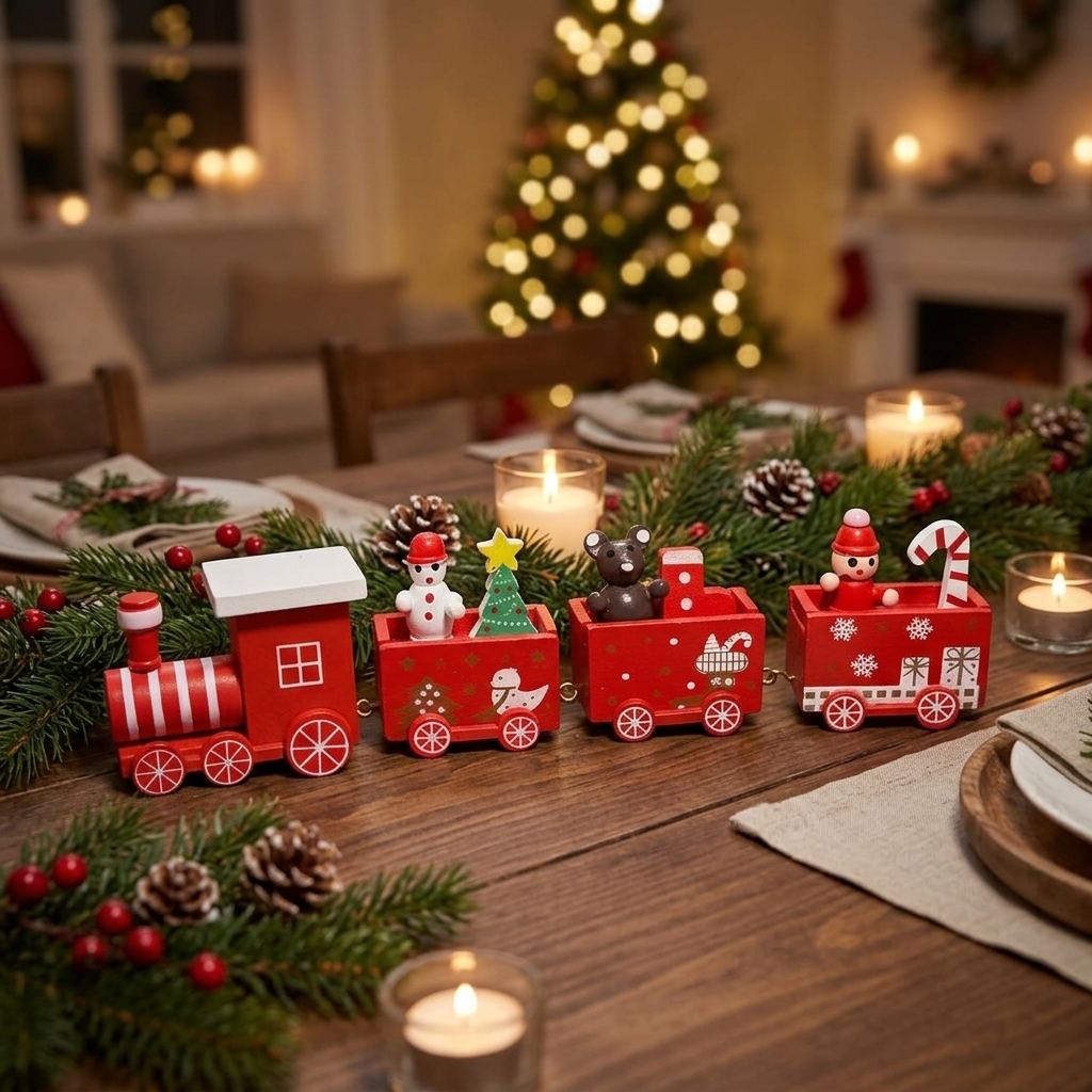 Wooden Christmas train dining-table centrepiece