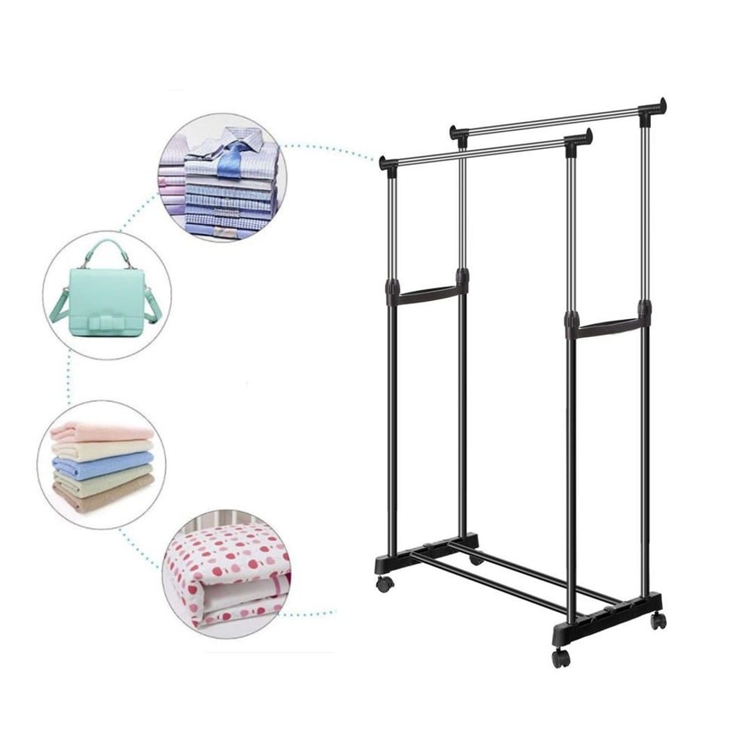 Adjustable Double Rod Rolling Garment Rack