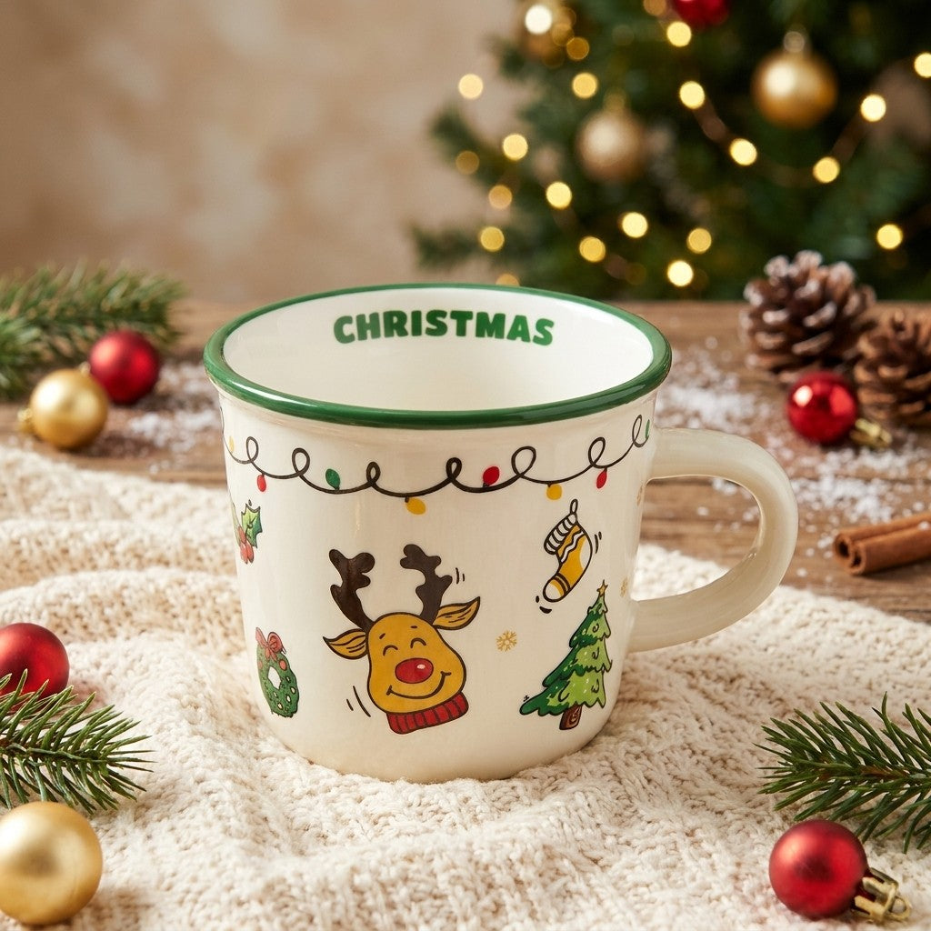 Vintage Style Christmas Doodle Mug - Green Rim
