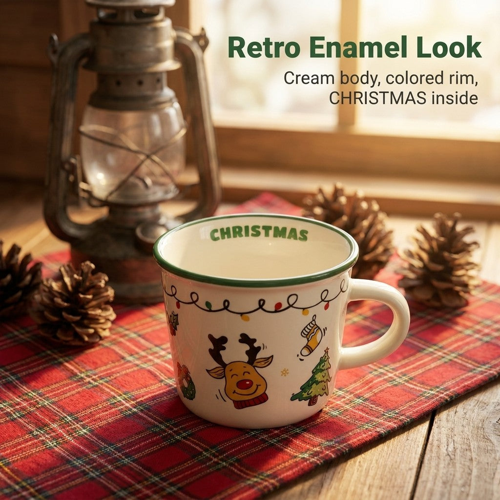 Retro enamel look with CHRISTMAS inside the rim - Green Rim mug